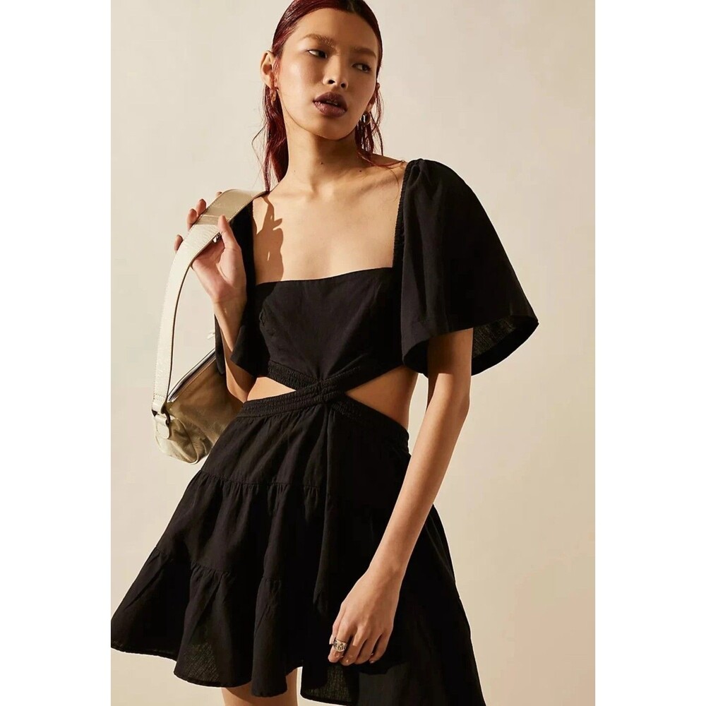 Free People free-est Black Cross of Sunlight Linen Smocked Cut-Out Mini Dress Sm